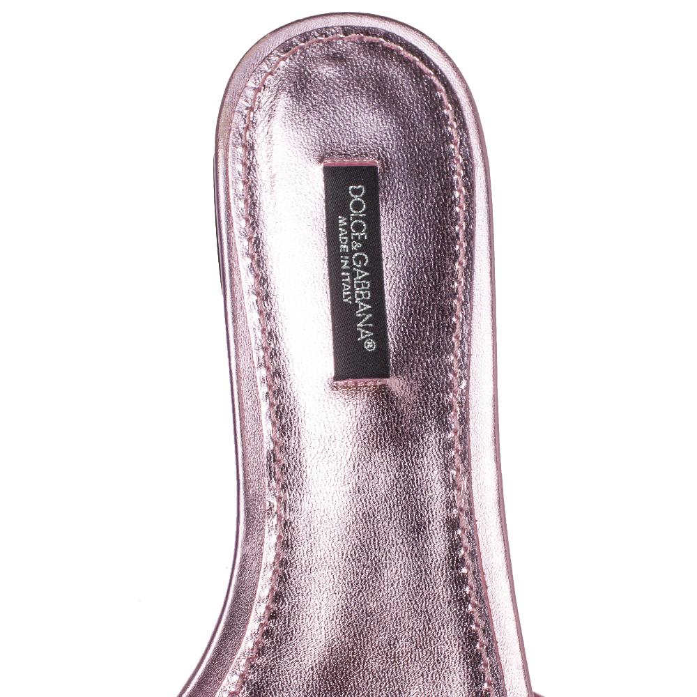 Gray Dolce & Gabbana Metallic Pink Leather Embellished Flat Slides Size 38