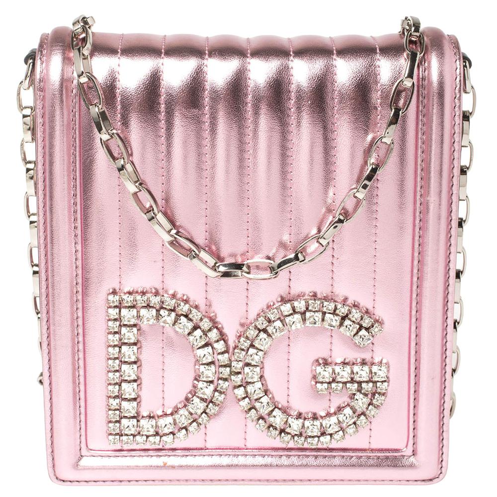 Dolce & Gabbana Metallic Pink Quilted Leather DG Girls Shoulder Bag