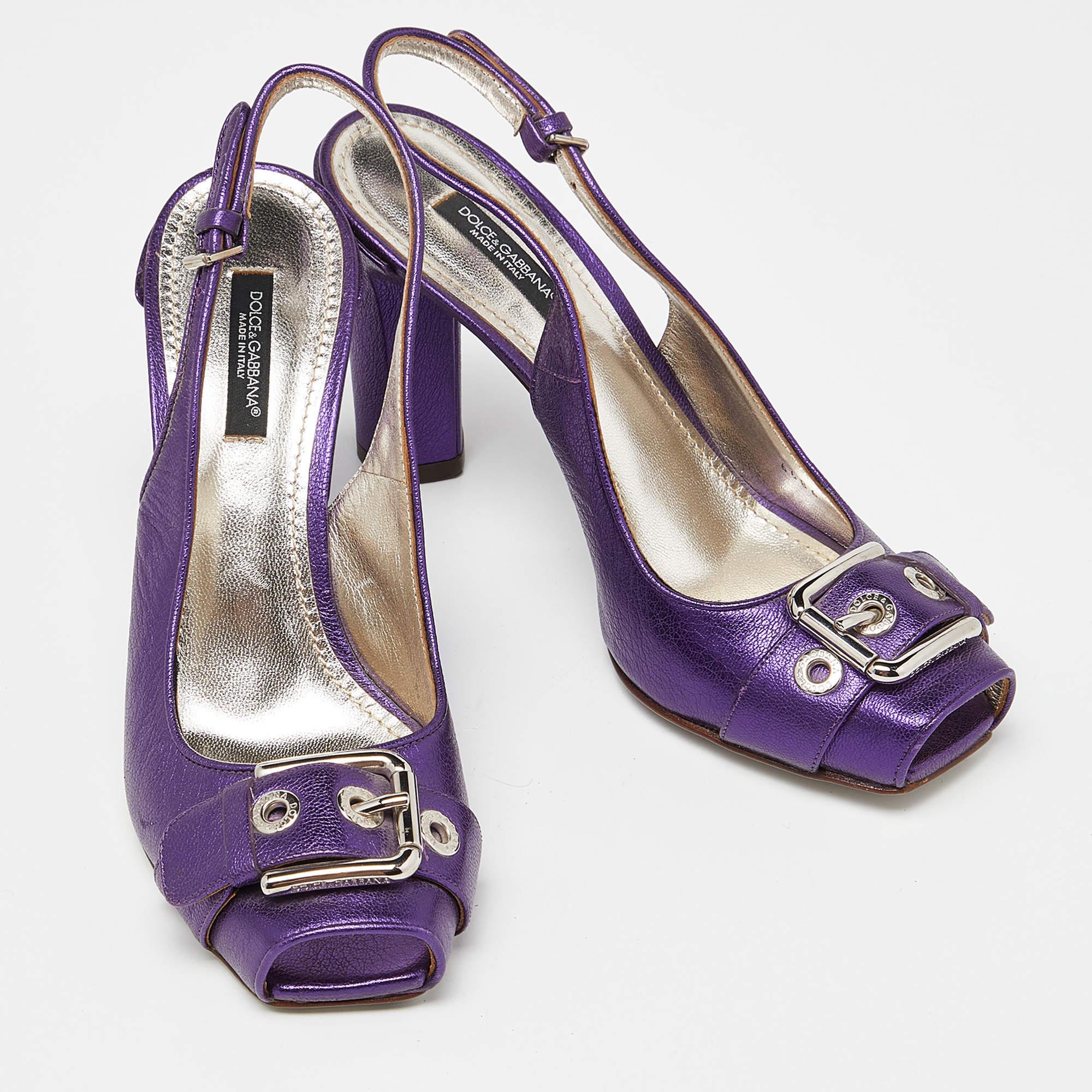 Gray Dolce & Gabbana Metallic Purple Leather Buckle Detail Peep Toe Size 37 For Sale