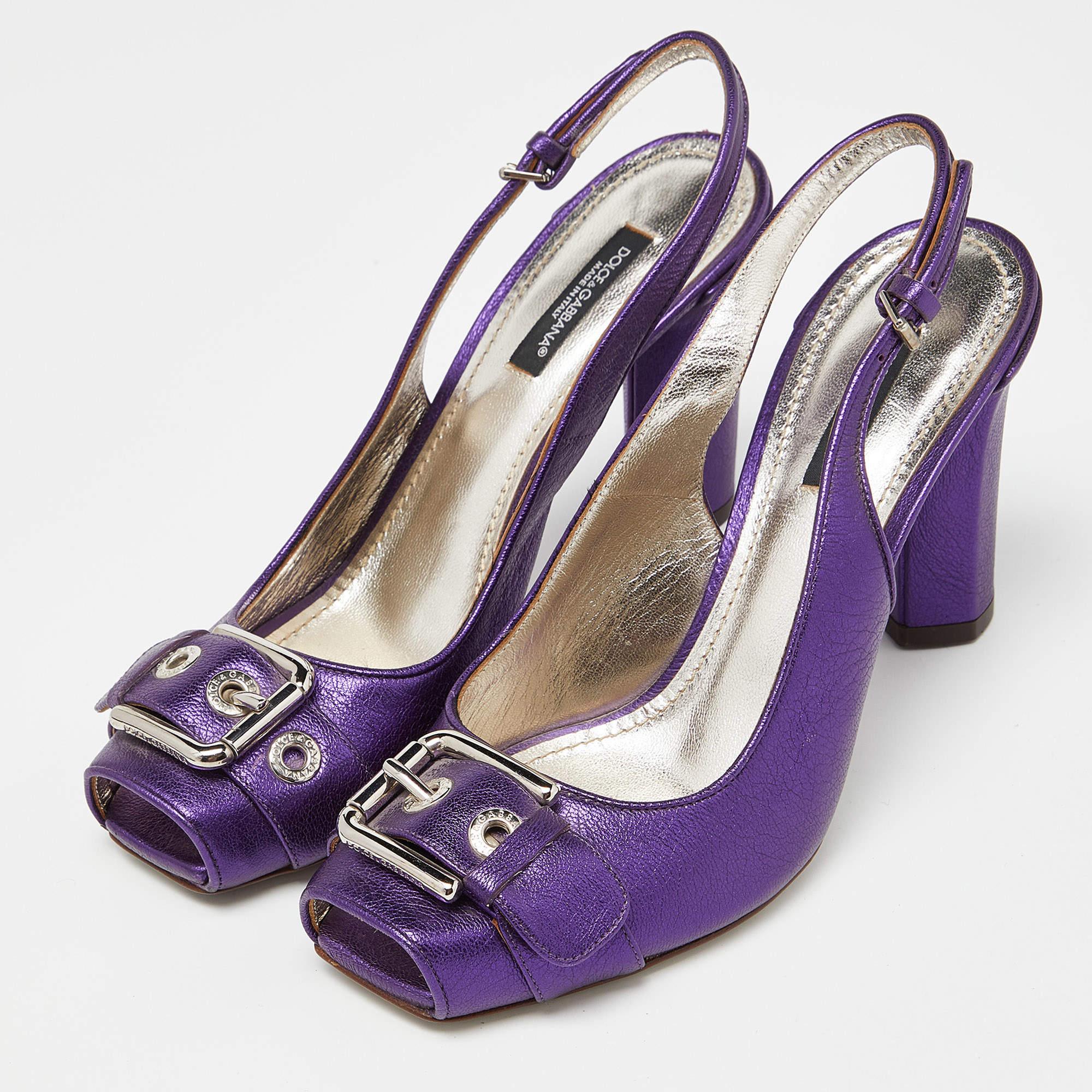 Women's Dolce & Gabbana Metallic Purple Leather Buckle Detail Peep Toe Size 37 For Sale