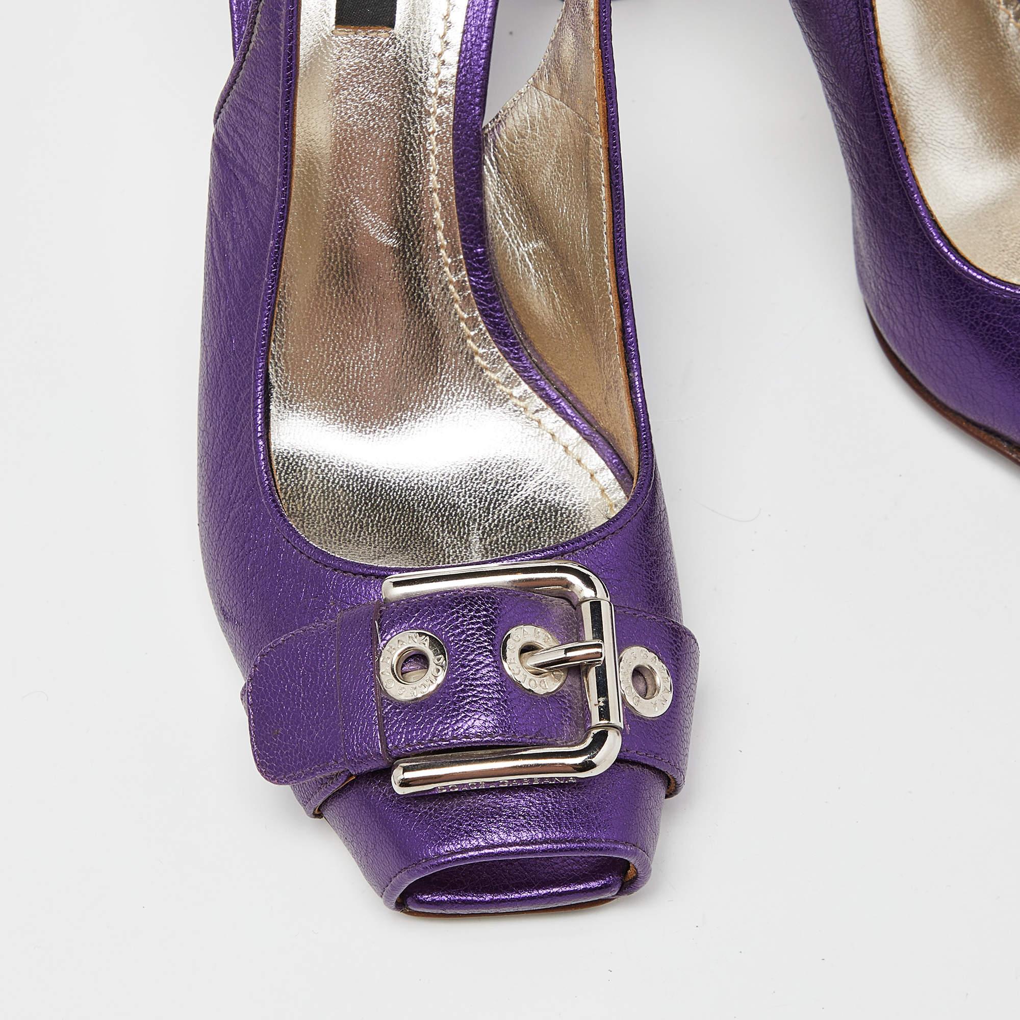 Dolce & Gabbana Metallic Purple Leather Buckle Detail Peep Toe Size 37 1