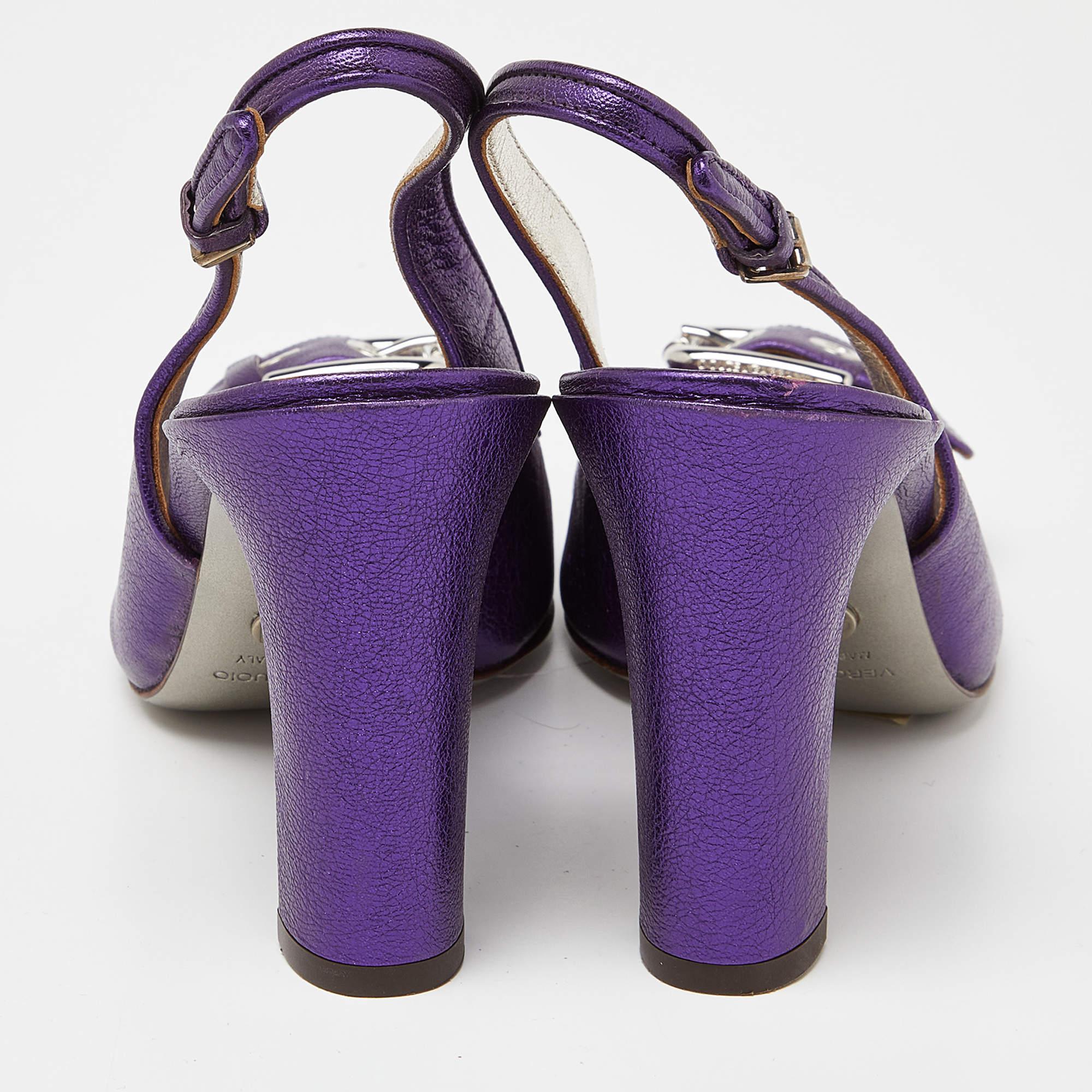 Dolce & Gabbana Metallic Purple Leather Buckle Detail Peep Toe Size 37 2