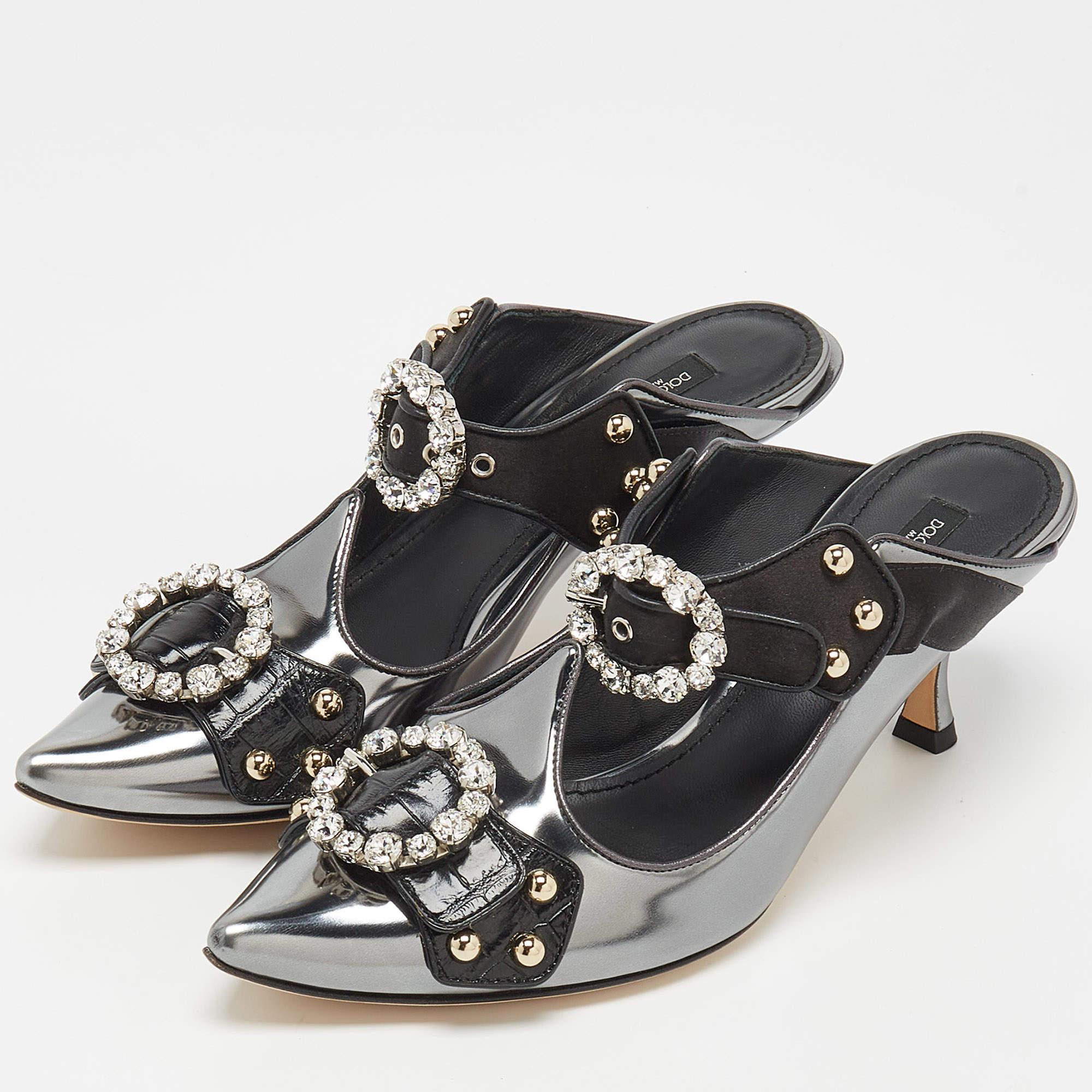 Dolce & Gabbana Metallic Silver/Black Leather Crystal Embellished Cutout Detail  In New Condition In Dubai, Al Qouz 2