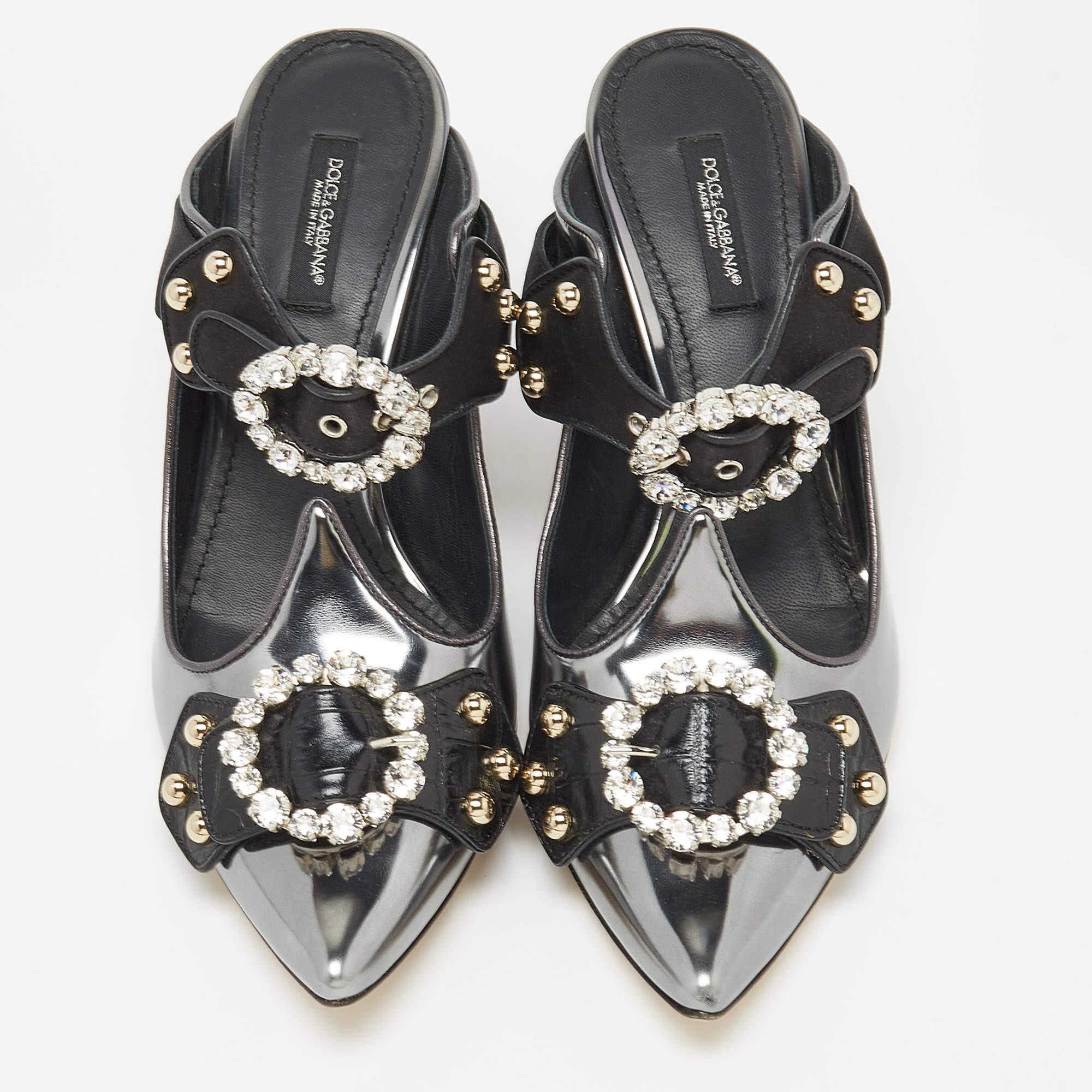 Women's Dolce & Gabbana Metallic Silver/Black Leather Crystal Embellished Cutout Detail 