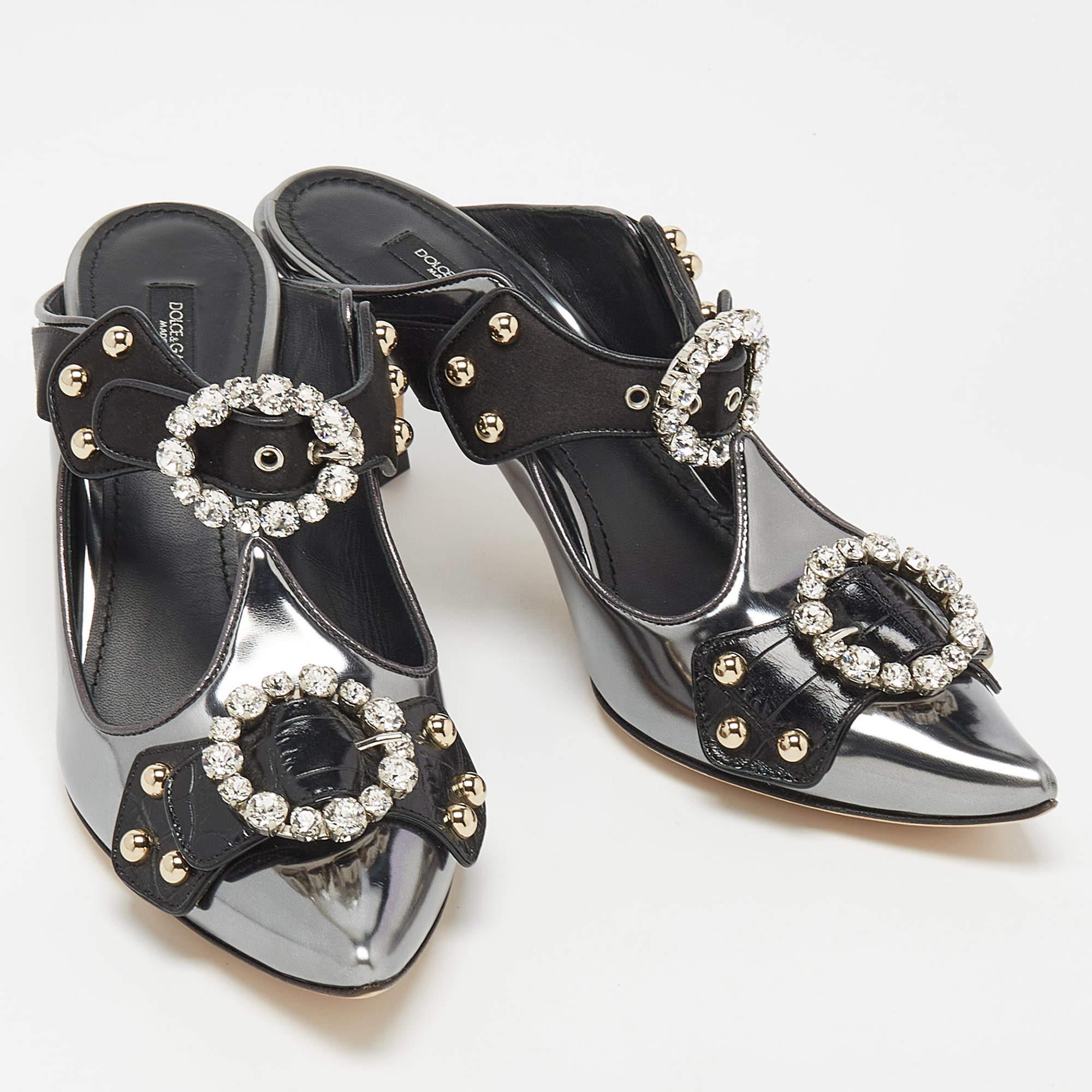 Dolce & Gabbana Metallic Silver/Black Leather Crystal Embellished Cutout Detail  1