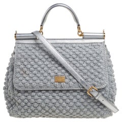 Dolce & Gabbana Metallic Silver Crochet Leather Large Miss Sicily Top Handle Bag