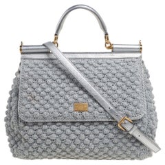 Dolce & Gabbana Metallic Silber gehäkeltes Leder Große Miss Sicily Top Handle Bag