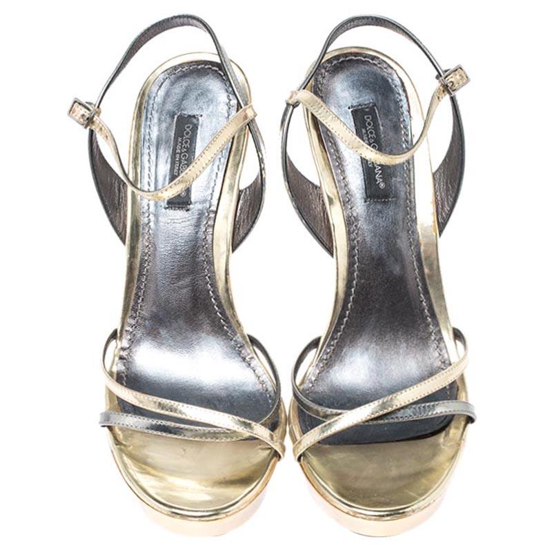 Gray Dolce & Gabbana Metallic Silver/Gold Leather Strappy Platform Sandals Size 39