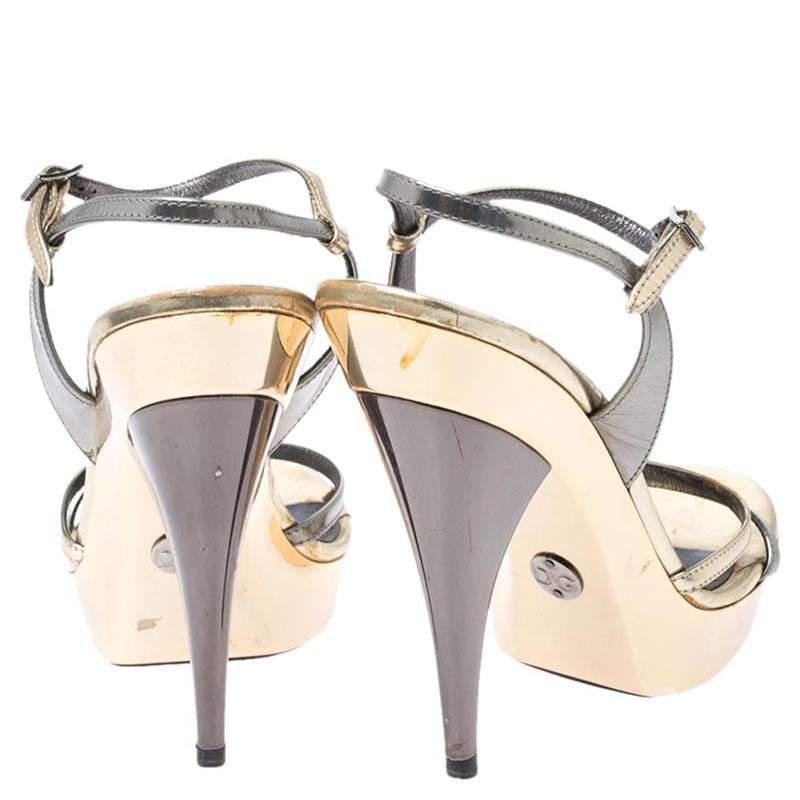 Dolce & Gabbana Metallic Silver/Gold Leather Strappy Platform Sandals Size 39 For Sale 2