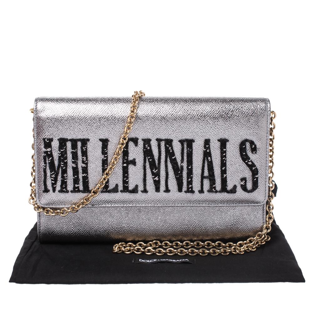 Dolce & Gabbana Metallic Silver Leather Millennials Chain Clutch 7