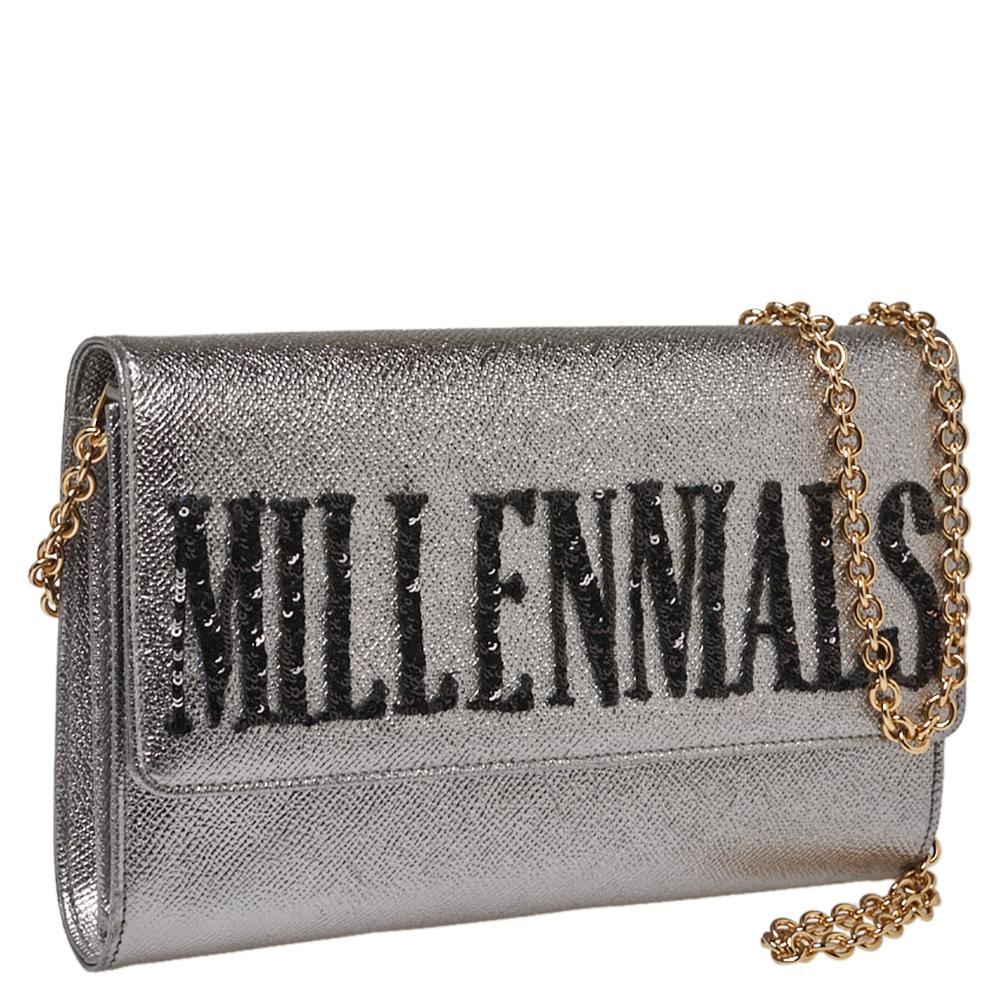 Women's Dolce & Gabbana Metallic Silver Leather Millennials Chain Clutch