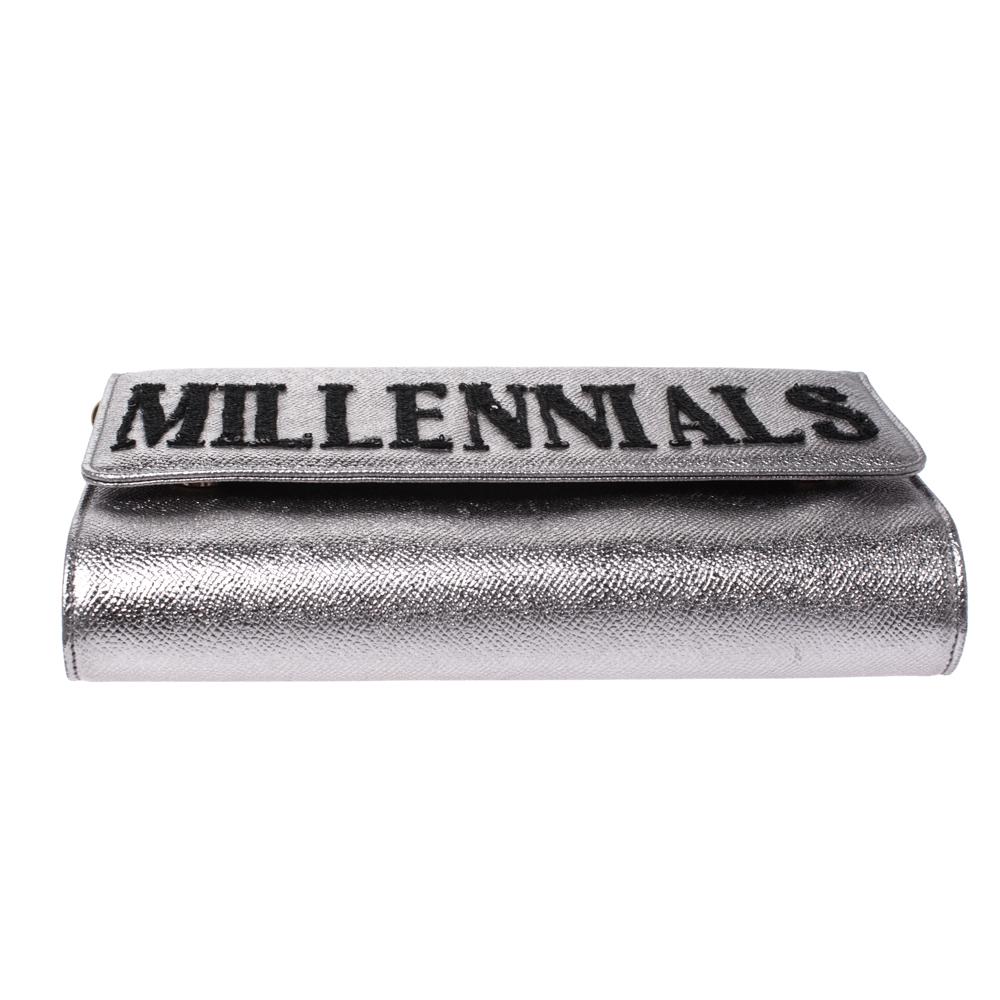 Women's Dolce & Gabbana Metallic Silver Leather Millennials Chain Clutch