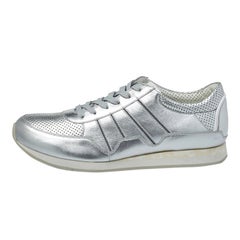 Dolce 
Gabbana Metallic Silver Perforated Leather Lace Up Sneakers Size 44