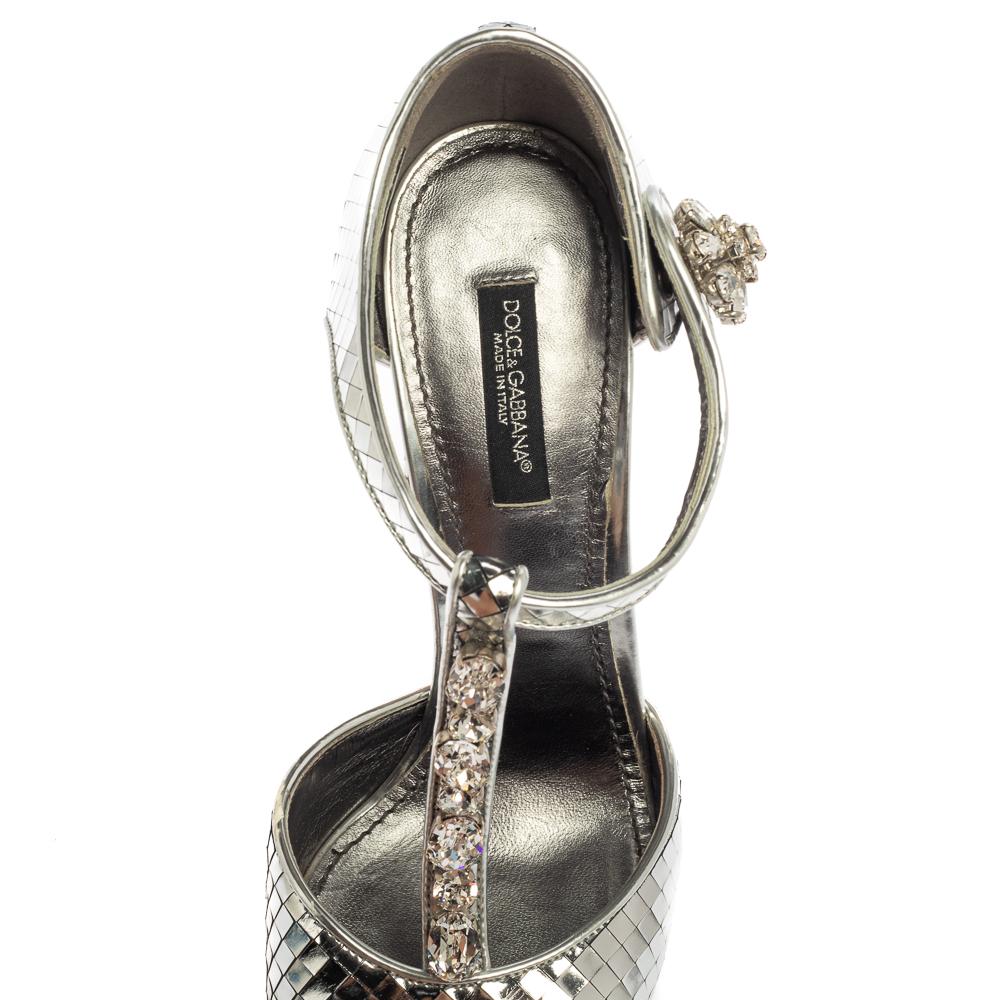 Dolce & Gabbana Metallic Silver Textured Leather T Strap Pumps Size 36.5 1