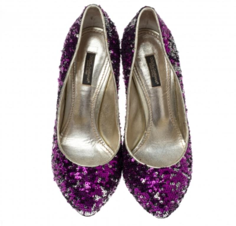 Purple Dolce & Gabbana Metallic Two Tone Sequins Embellished Platform Pumps Size 38 For Sale
