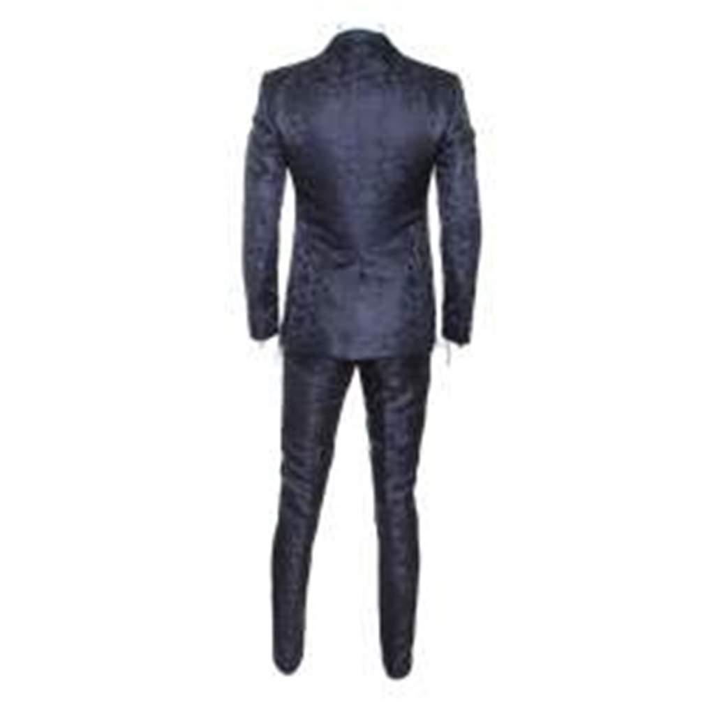 This suit is designed by Dolce & Gabbana. It is fashioned out of quality fabrics and features jacquard detailing. The blazer has two buttons and pockets, and the trousers are finished exquisitely. Overall, the suit is a sophisticated ensemble that