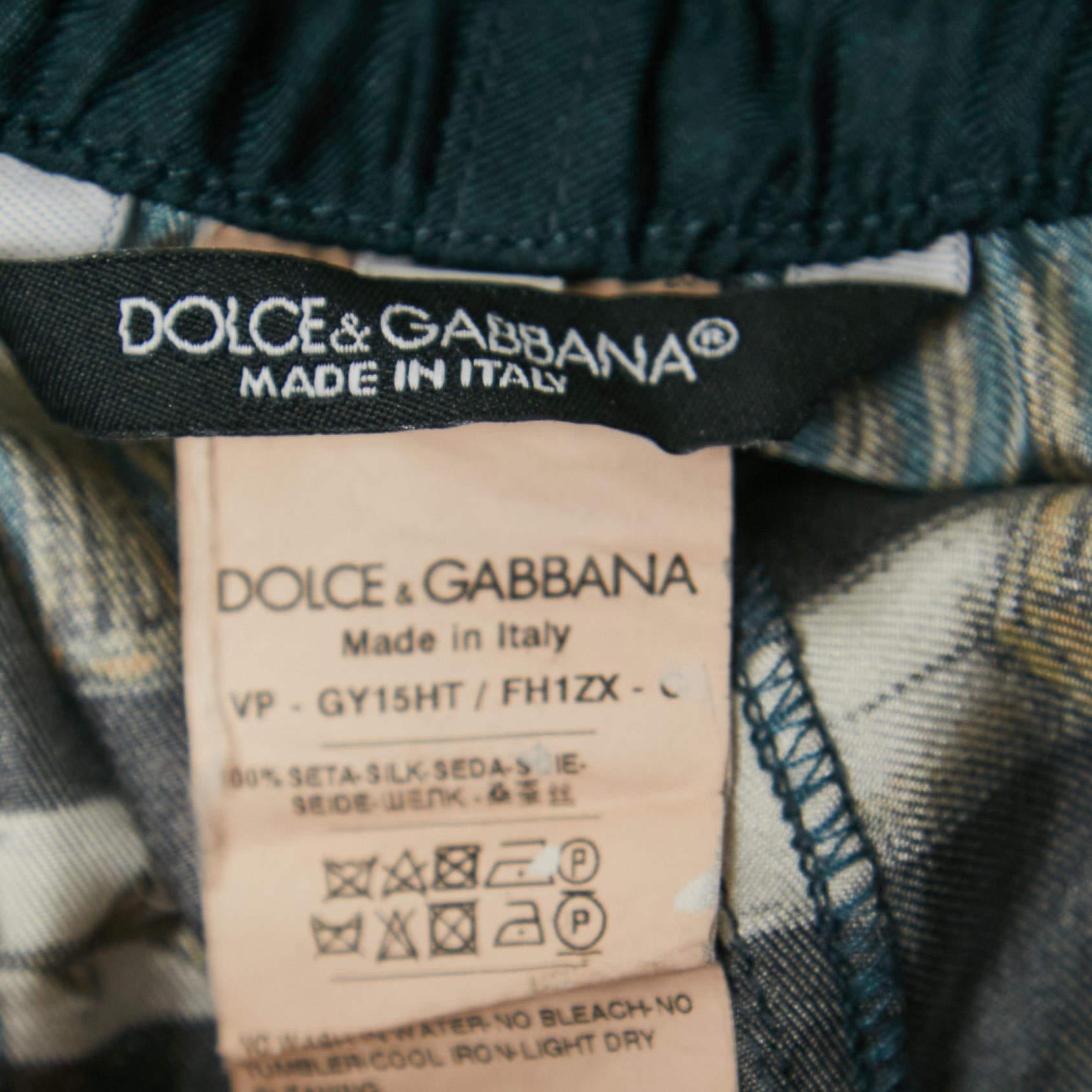Dolce & Gabbana Midnight Blue Military Print Silk Trousers XL In Good Condition In Dubai, Al Qouz 2