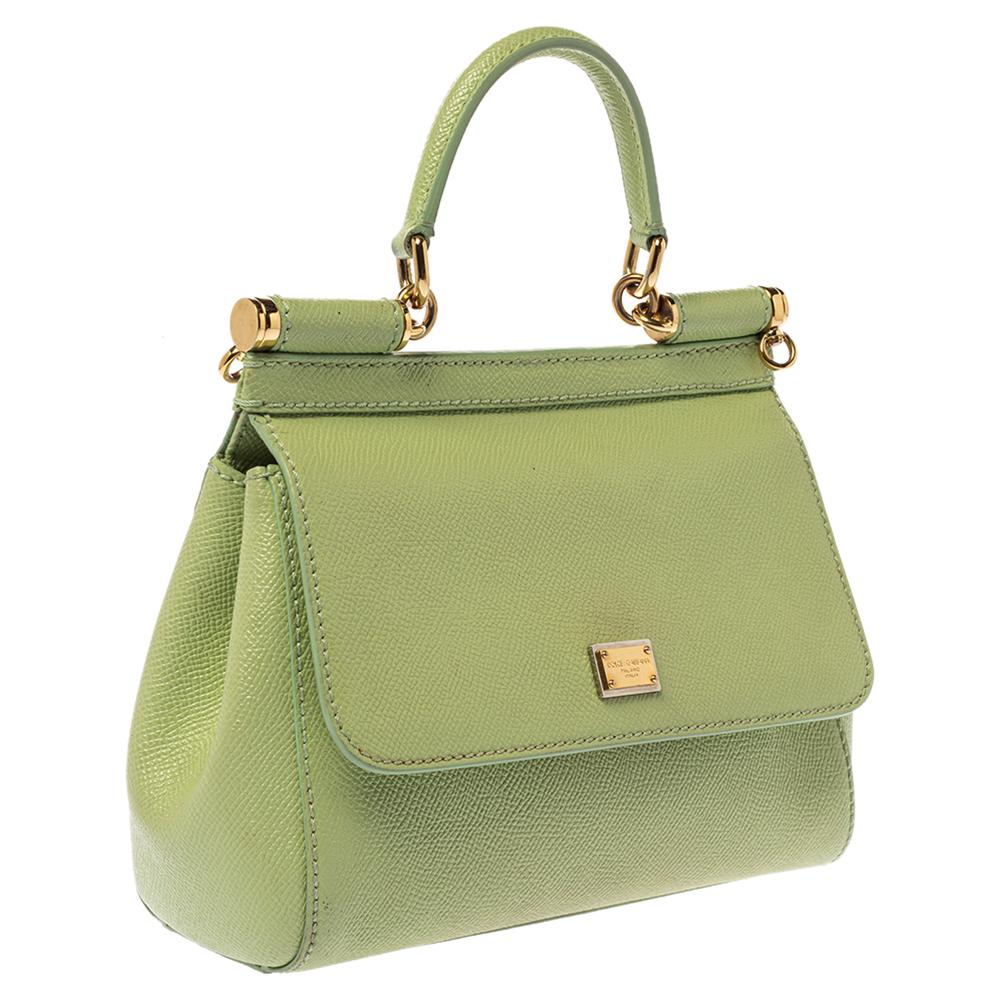 Dolce & Gabbana Mint Green Leather Small Miss Sicily Top Handle Bag In Good Condition In Dubai, Al Qouz 2