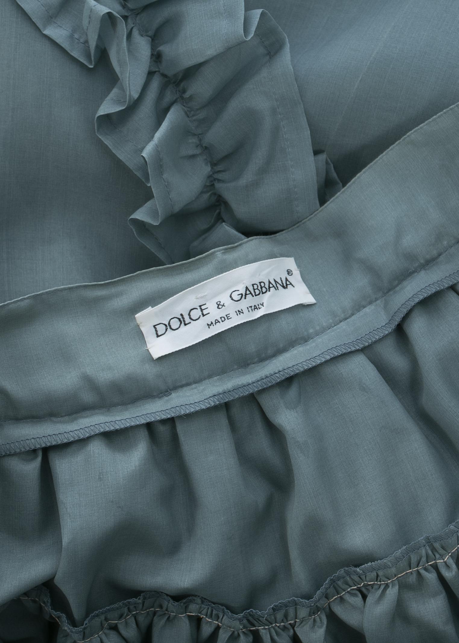 Gray Dolce & Gabbana mint organza bustle skirt with ruffle trim, c. 1980s For Sale