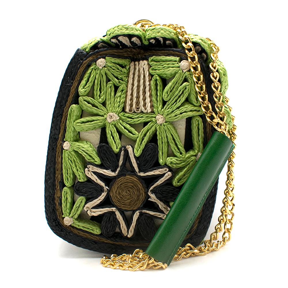 Miss Dolce Floral Raffia Satchel Bag, Green/Black 

 woven raffia flowers embroidered on canvas, with gold chain, with a leather smooth handle 
- Golden hardware includes decorative padlock closure on flap top.
- Handmade in Italy
- Interior, one