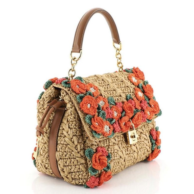 Dolce and Gabbana Miss Dolce Satchel Embellished Woven Raffia Medium at ...