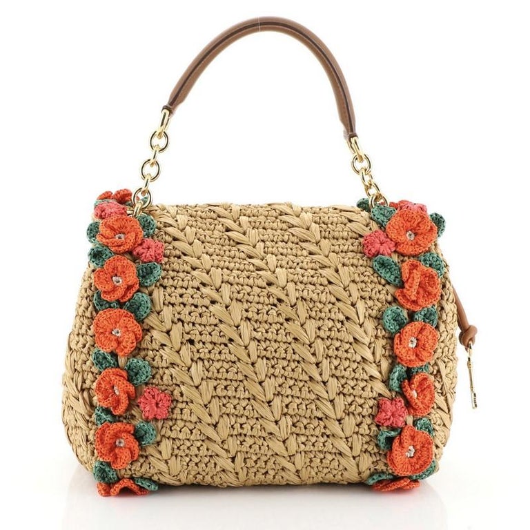 Dolce and Gabbana Miss Dolce Satchel Embellished Woven Raffia Medium at ...