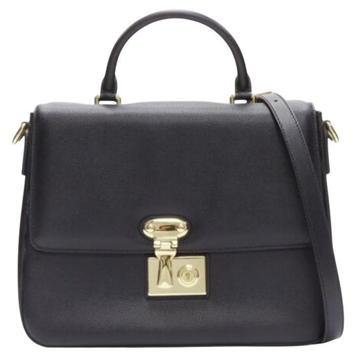 DOLCE GABBANA Miss Linda black saffiano leather gold buckle flap bag