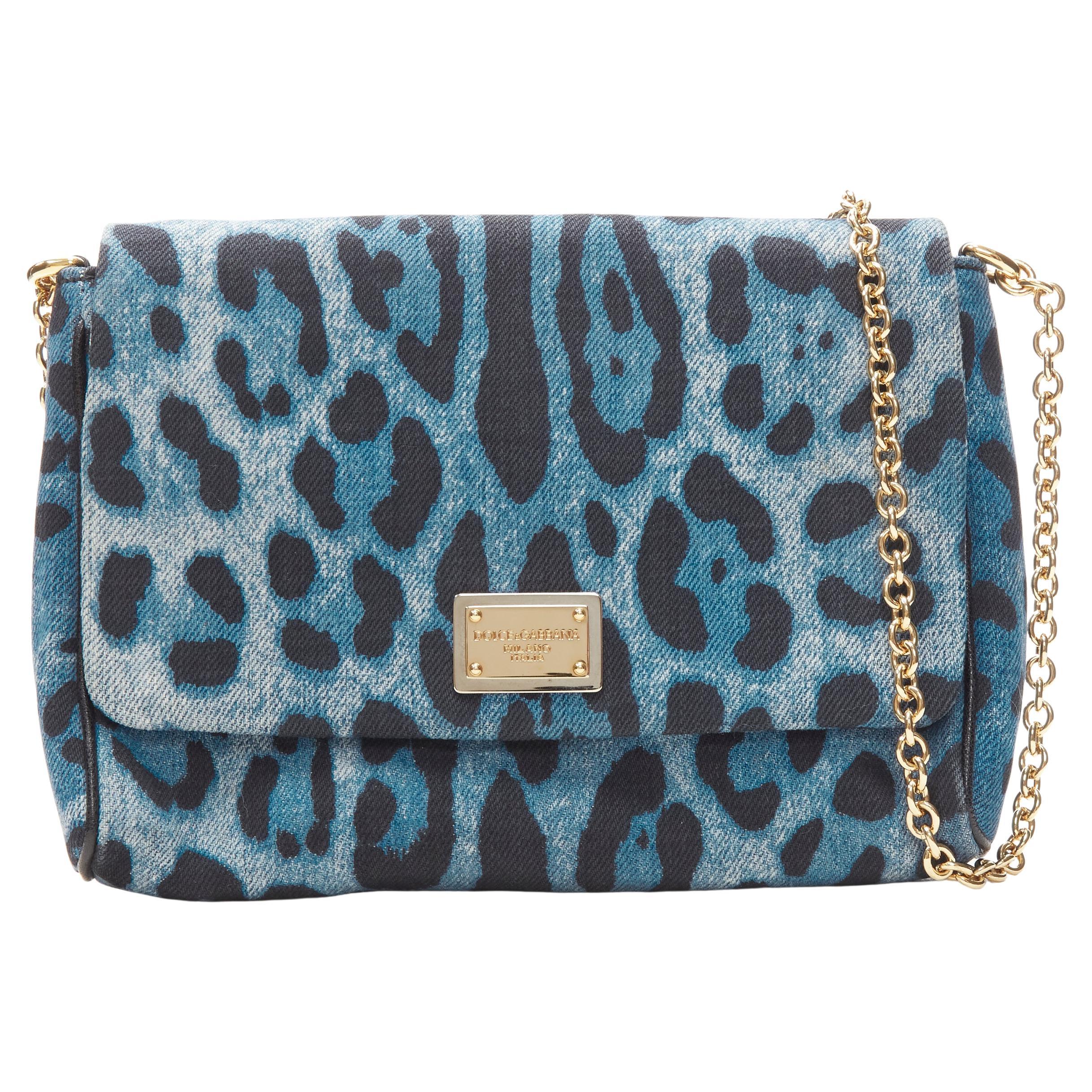 DOLCE GABBANA Miss Martini blue leopard denim logo plate chain crossbody bag