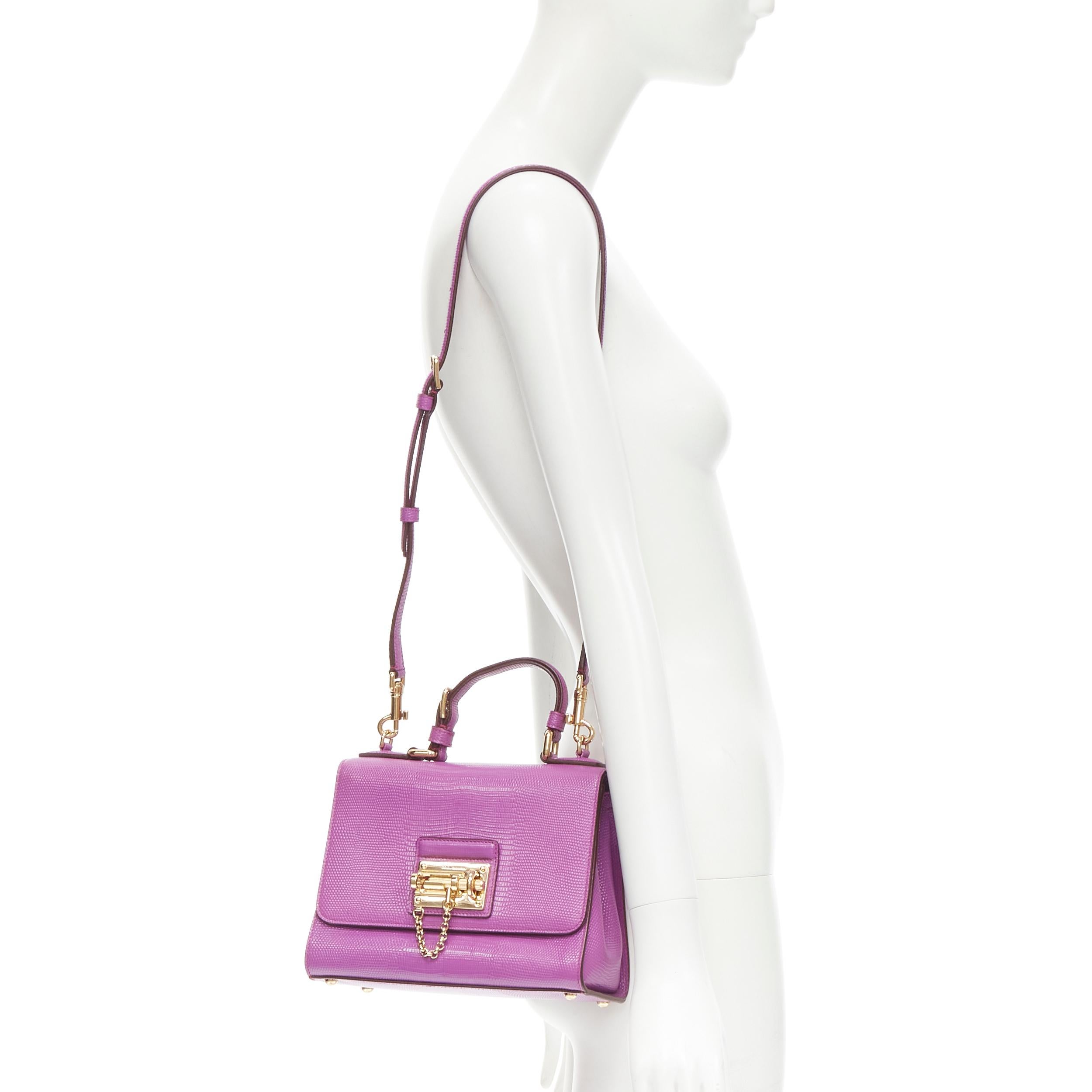 DOLCE GABBANA Miss Monica purple embossed leather chain lock crossbody flap bag Reference: TGAS/C00142 
Brand: Dolce Gabbana 
Model: Miss MOnica 
Material: Leather 
Color: Purple 
Pattern: Solid 
Closure: Lock 
Extra Detail: Miss Monica. Lizard