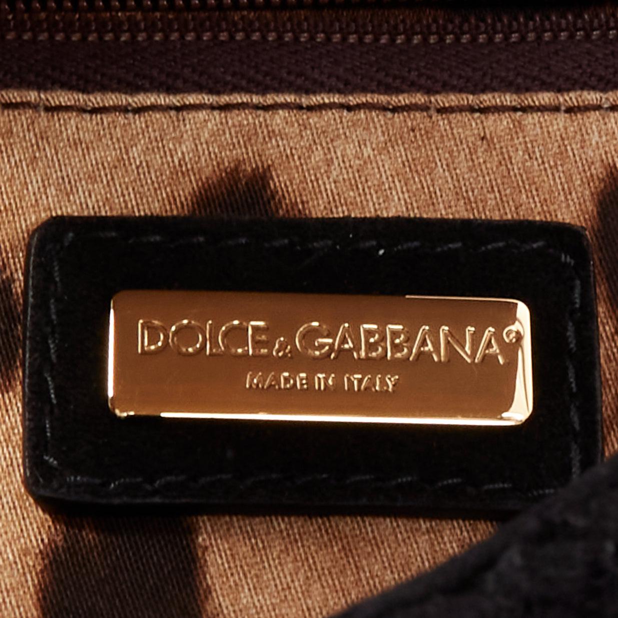 DOLCE GABBANA Miss Sicily black crochet scaled leather trim top handle bag 5