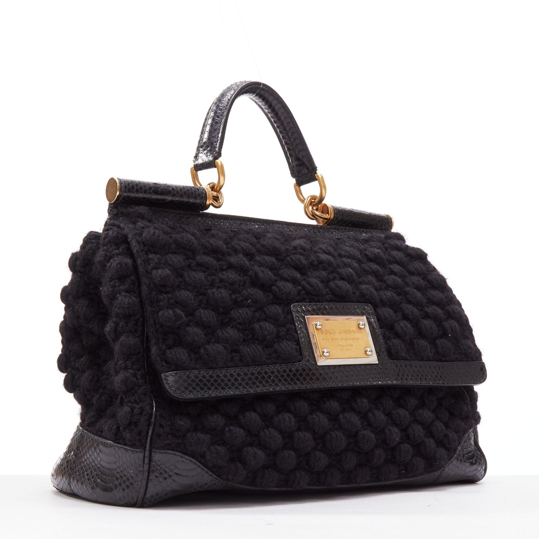 Black DOLCE GABBANA Miss Sicily black crochet scaled leather trim top handle bag