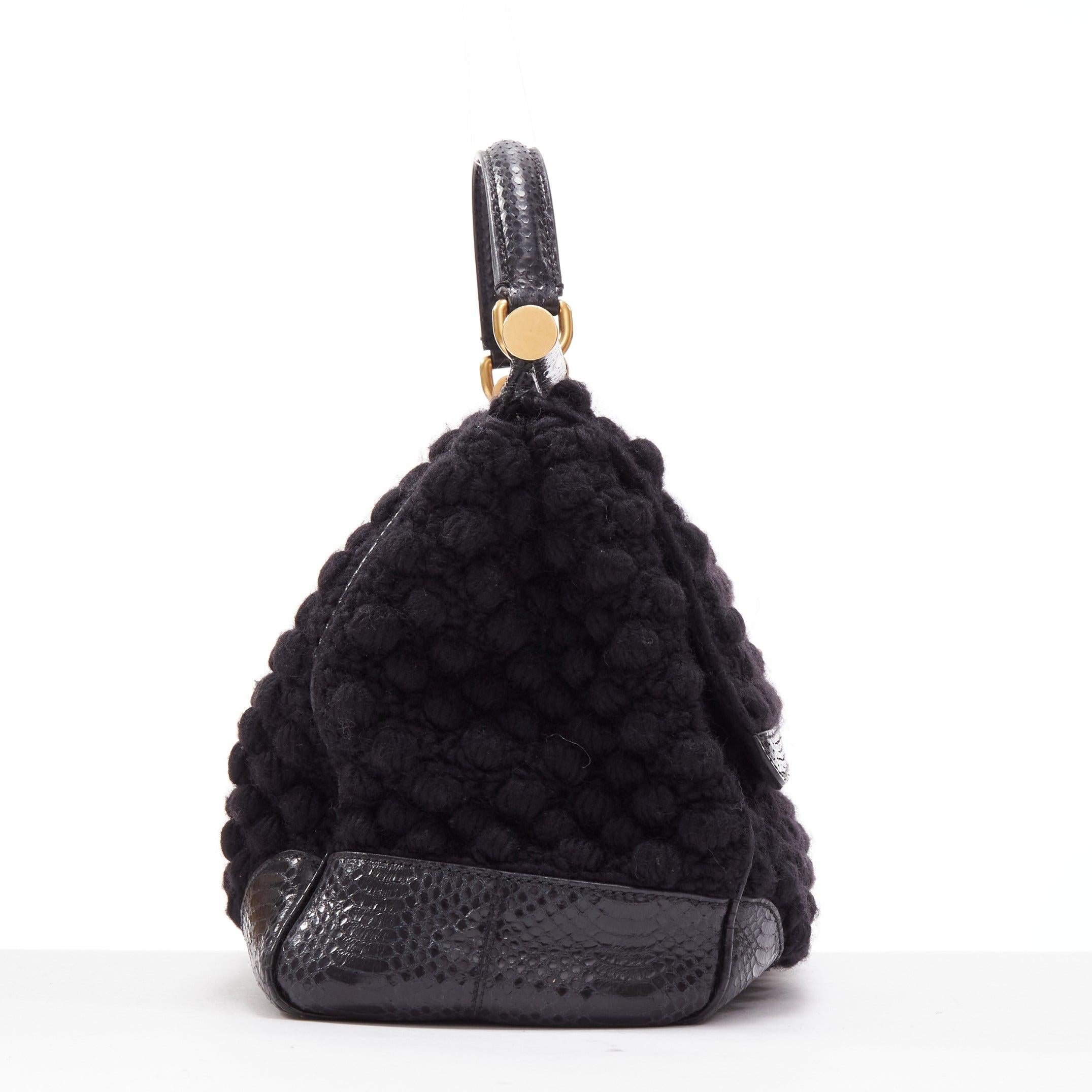 DOLCE GABBANA Miss Sicily black crochet scaled leather trim top handle bag In Good Condition In Hong Kong, NT