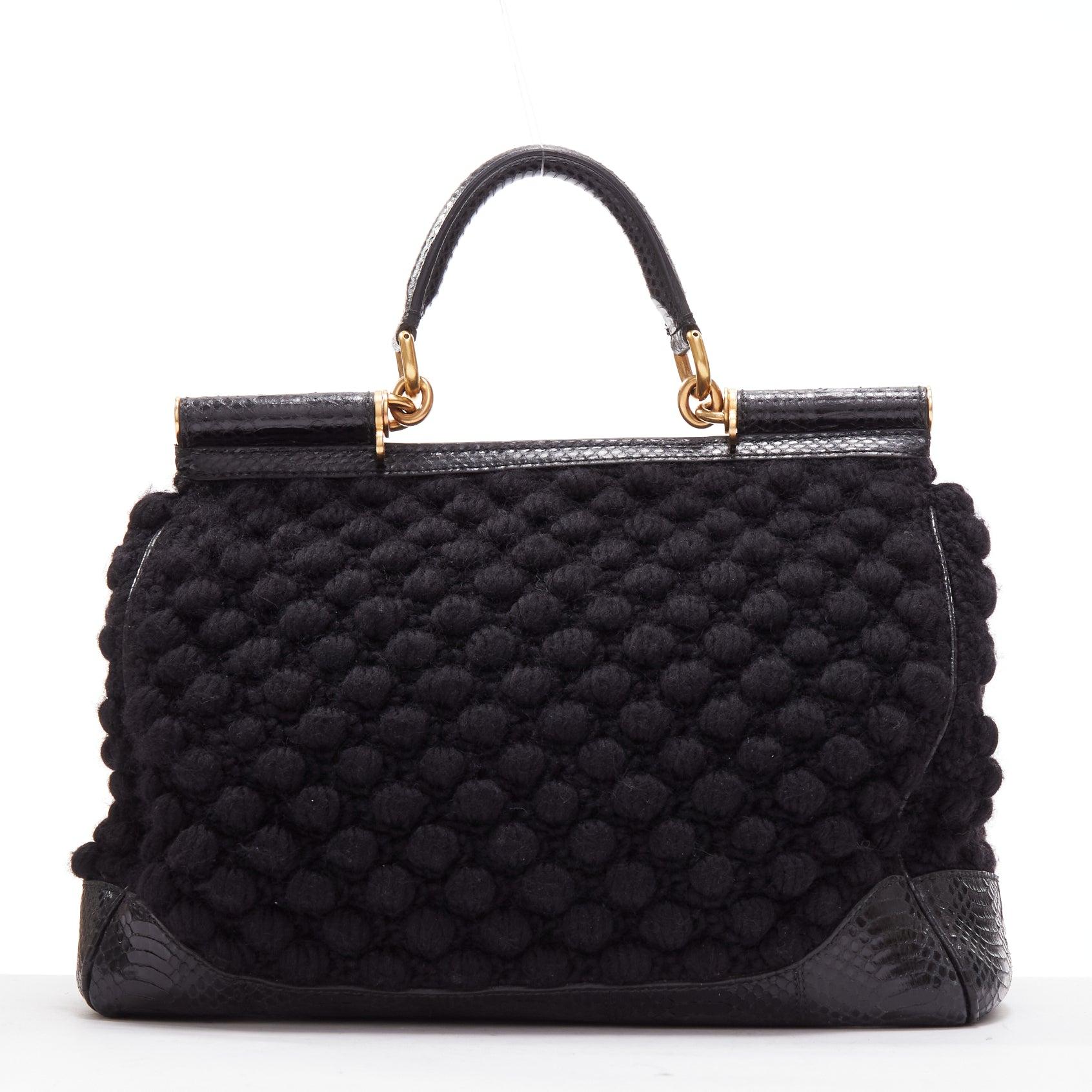DOLCE GABBANA Miss Sicily black crochet scaled leather trim top handle bag For Sale at 1stDibs