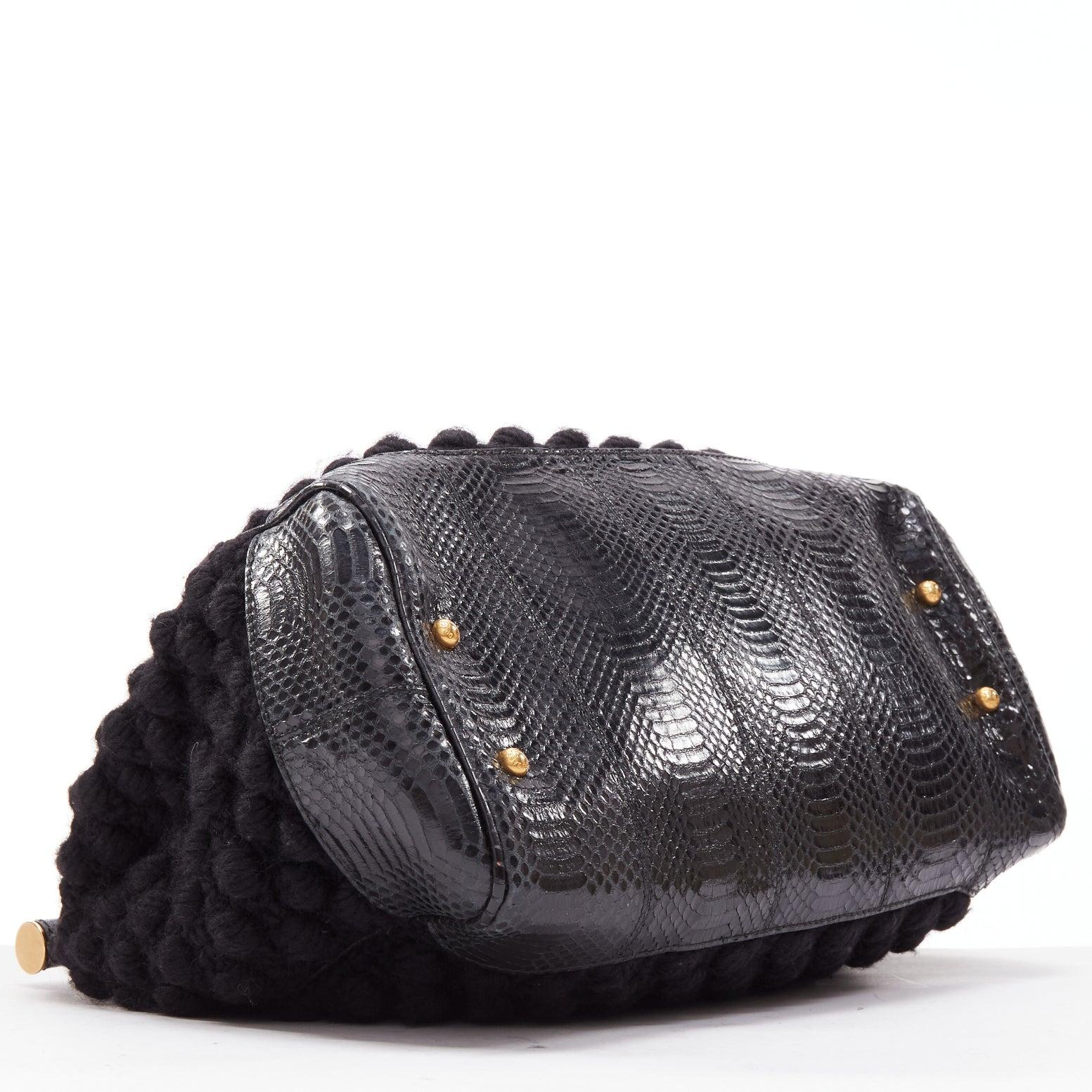 DOLCE GABBANA Miss Sicily black crochet scaled leather trim top handle bag 1
