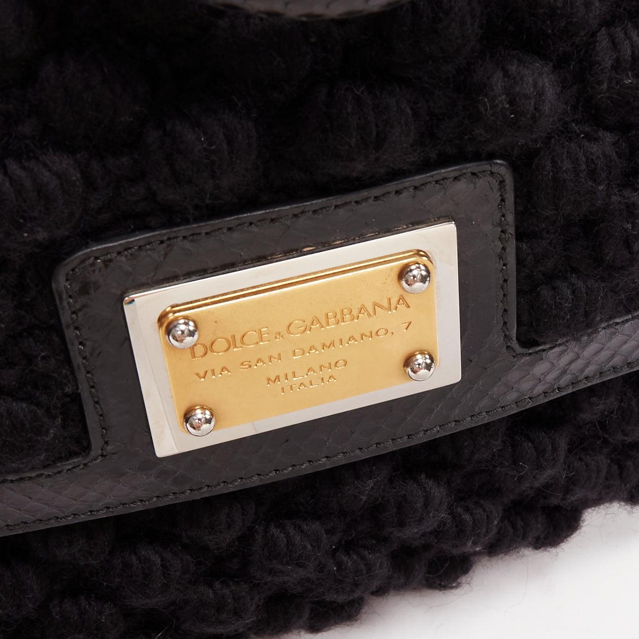 DOLCE GABBANA Miss Sicily black crochet scaled leather trim top handle bag 2