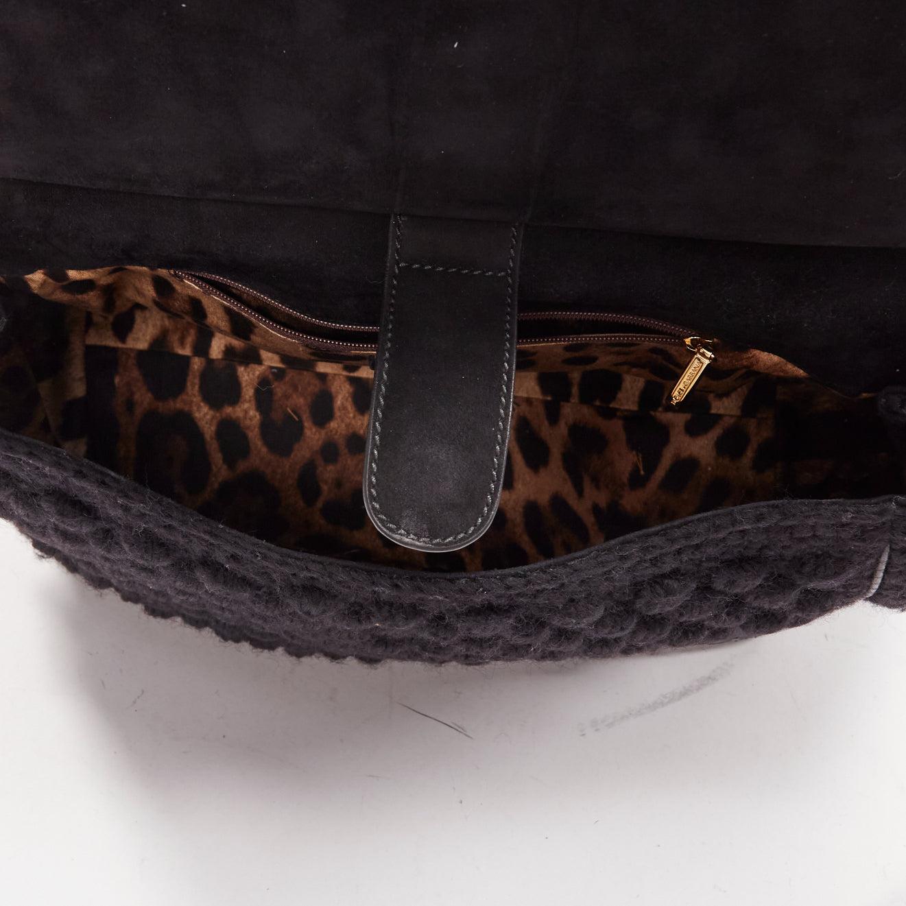 DOLCE GABBANA Miss Sicily black crochet scaled leather trim top handle bag 4