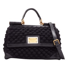 DOLCE GABBANA Miss Sicily black crochet scaled leather trim top handle bag