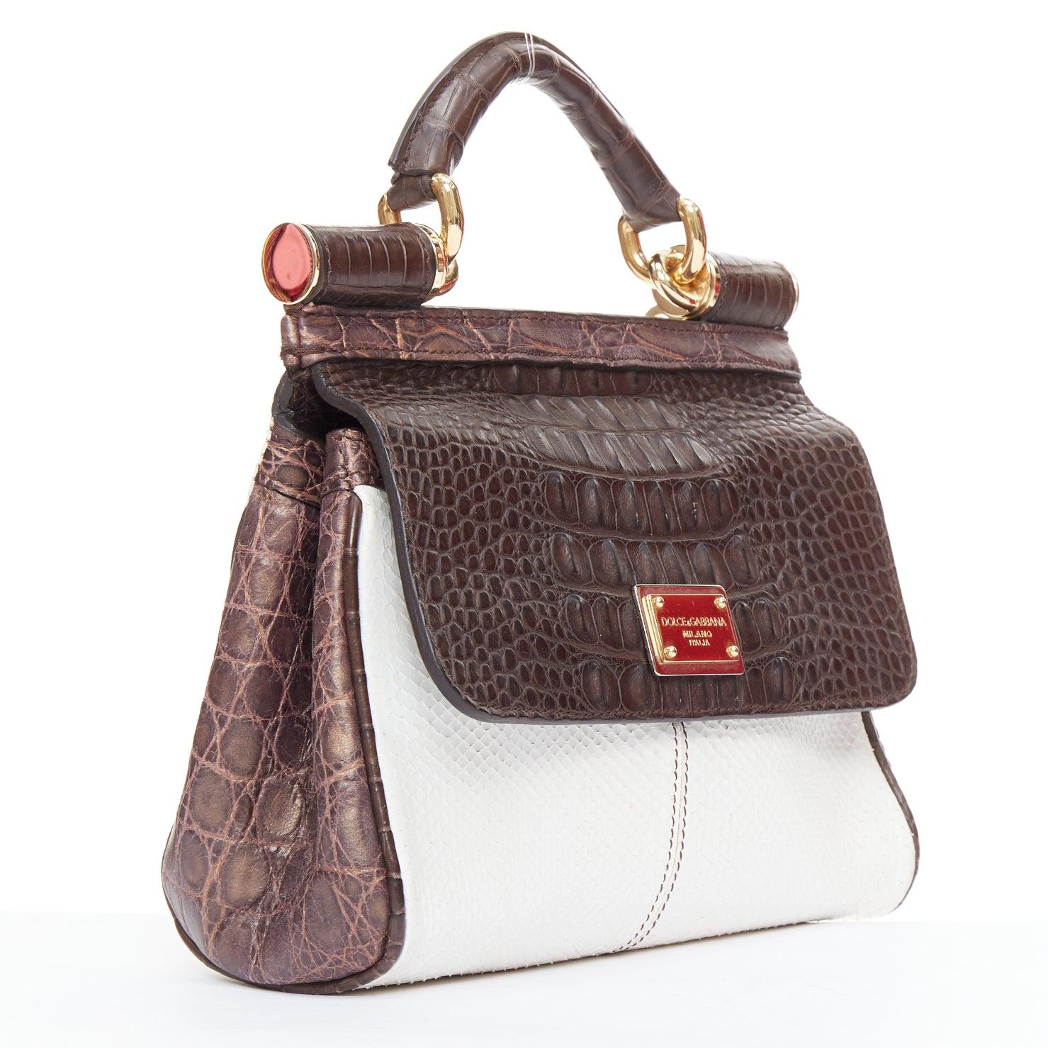 Gray DOLCE GABBANA Miss Sicily brown white mixed scaled leather crossbody bag For Sale