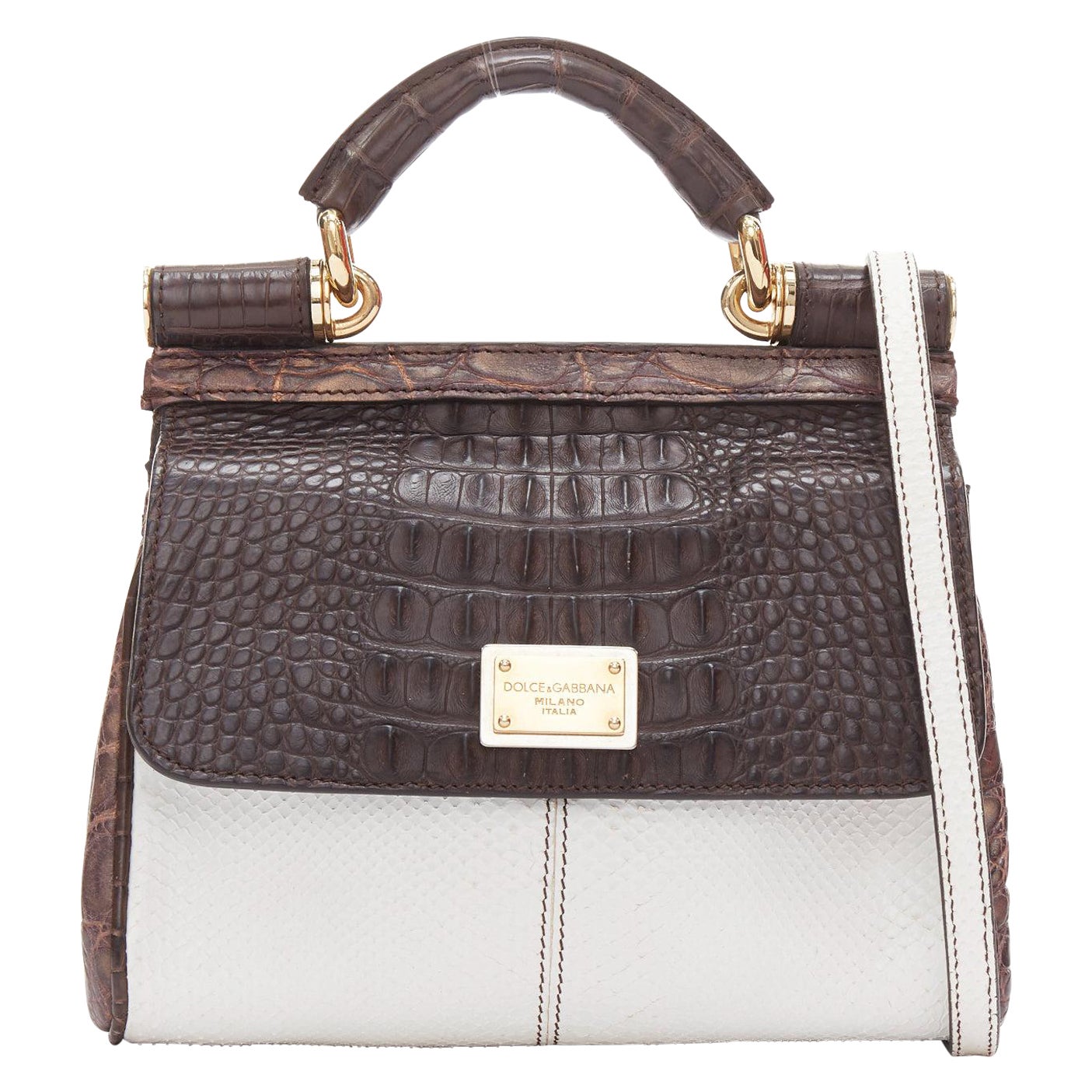 DOLCE GABBANA Miss Sicily braun-weiße Crossbody-Tasche aus Leder mit Schuppenmuster