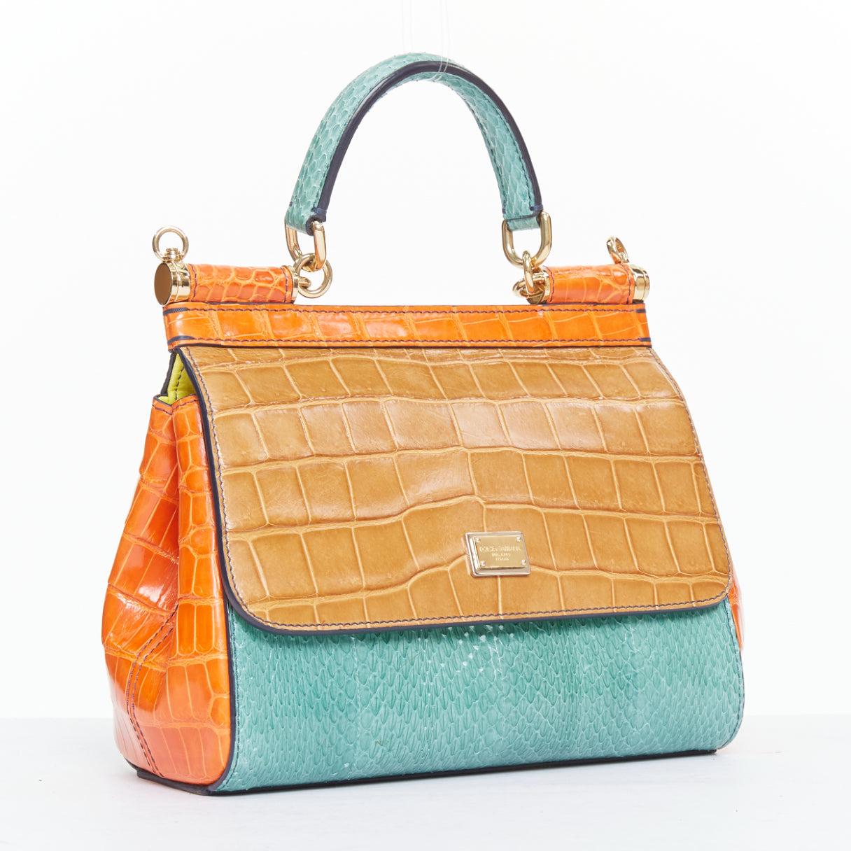 Beige DOLCE GABBANA Miss Sicily colorblock scaled leather satchel crossbody bag For Sale