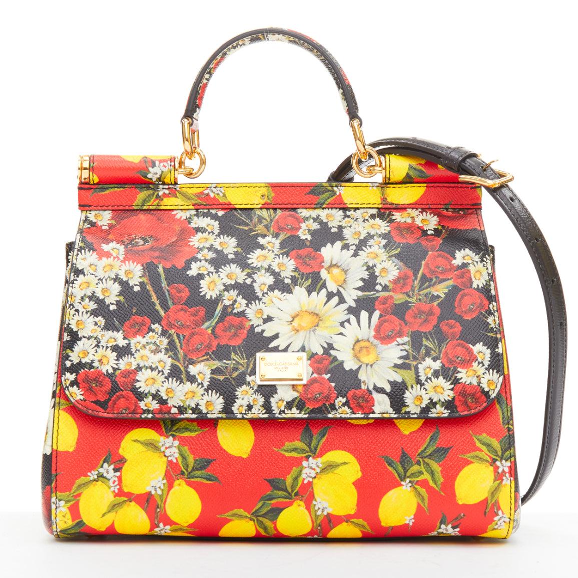DOLCE GABBANA Miss Sicily yellow lemon floral print leather small top handle bag
