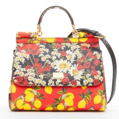 DOLCE GABBANA Miss Sicily yellow lemon floral print leather small top handle bag