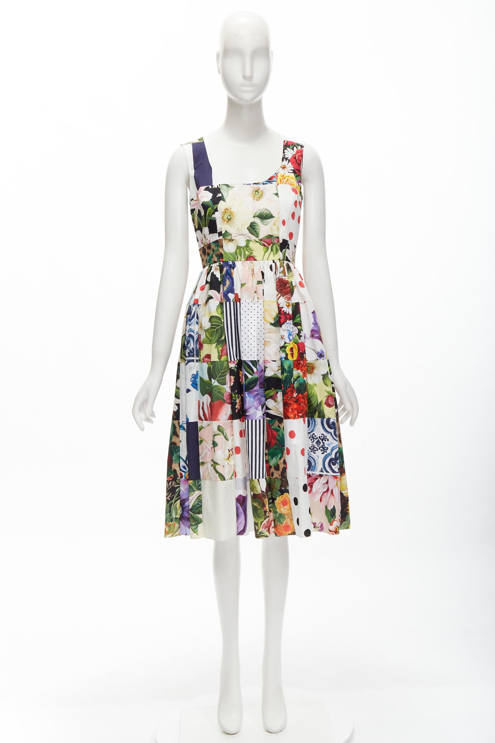 DOLCE GABBANA mixed patchwork cotton print floral flared midi dress IT38 XS 7