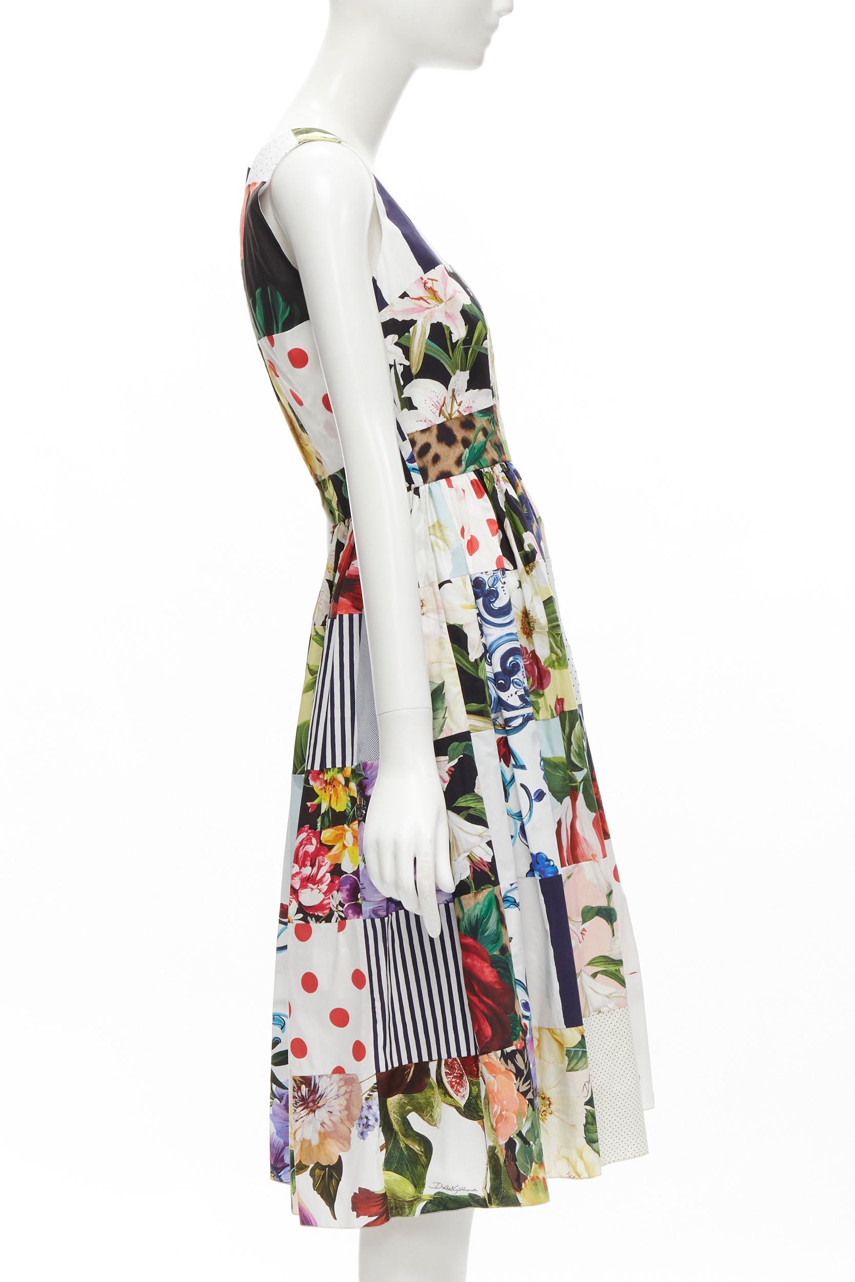 Women's DOLCE GABBANA mixed patchwork cotton print floral flared midi dress IT38 XS