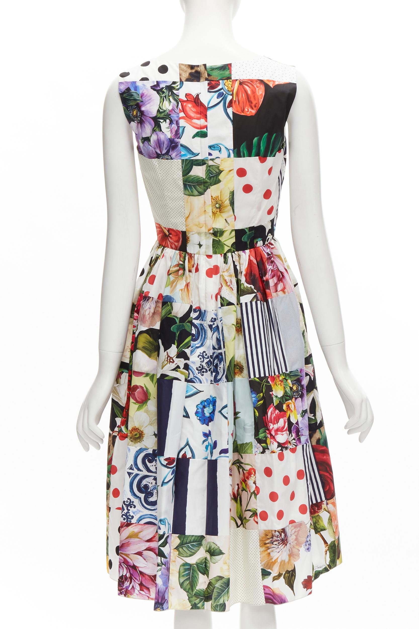 DOLCE GABBANA mixed patchwork cotton print floral flared midi dress IT38 XS 1