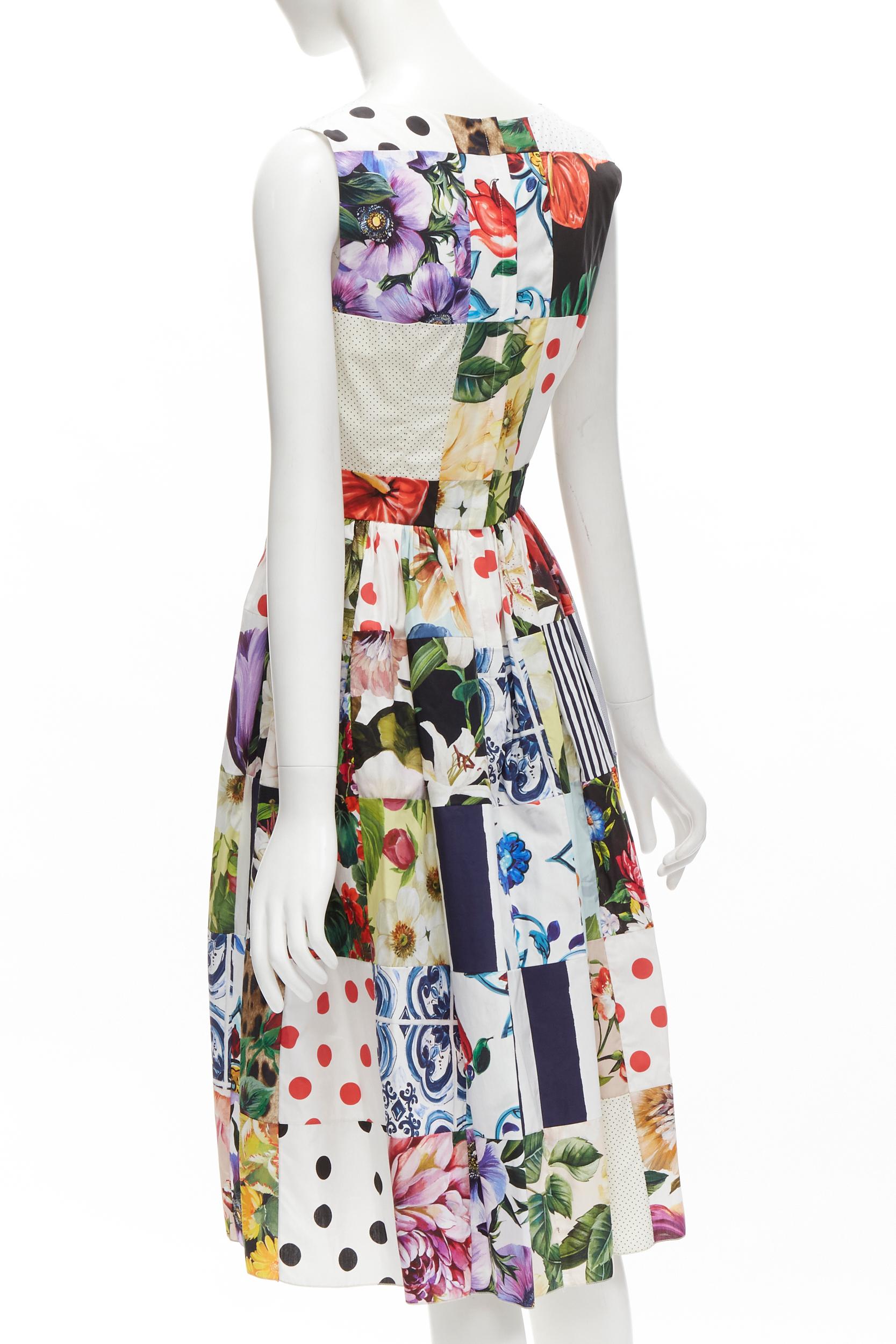 DOLCE GABBANA mixed patchwork cotton print floral flared midi dress IT38 XS 2
