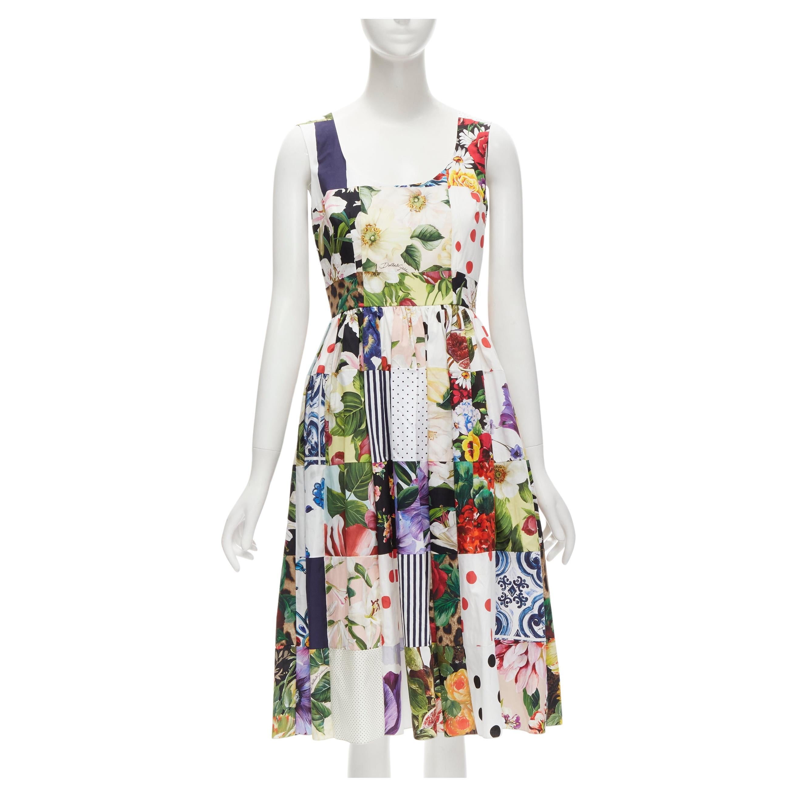 DOLCE GABBANA mixed patchwork cotton print floral flared midi dress IT38 XS