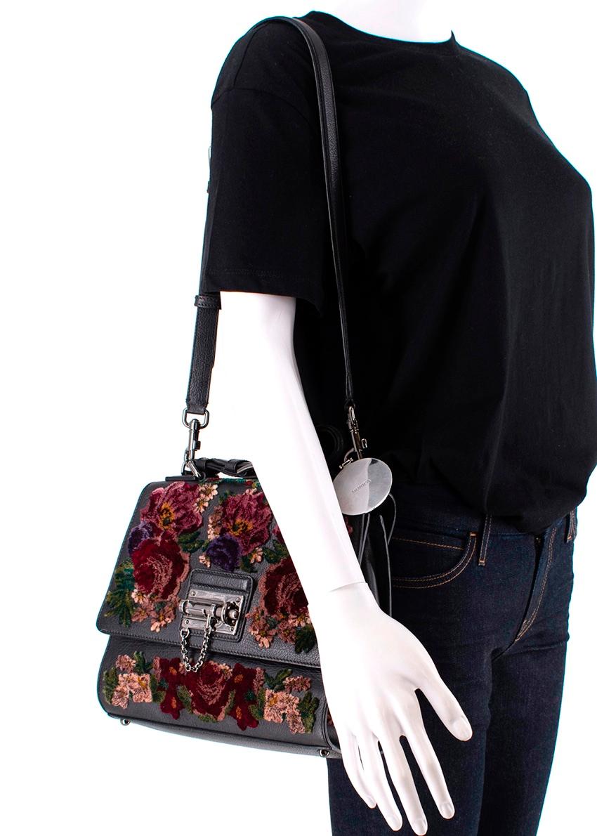 Dolce & Gabbana Monica Floral Velvet Black Leather Bag In Excellent Condition In London, GB