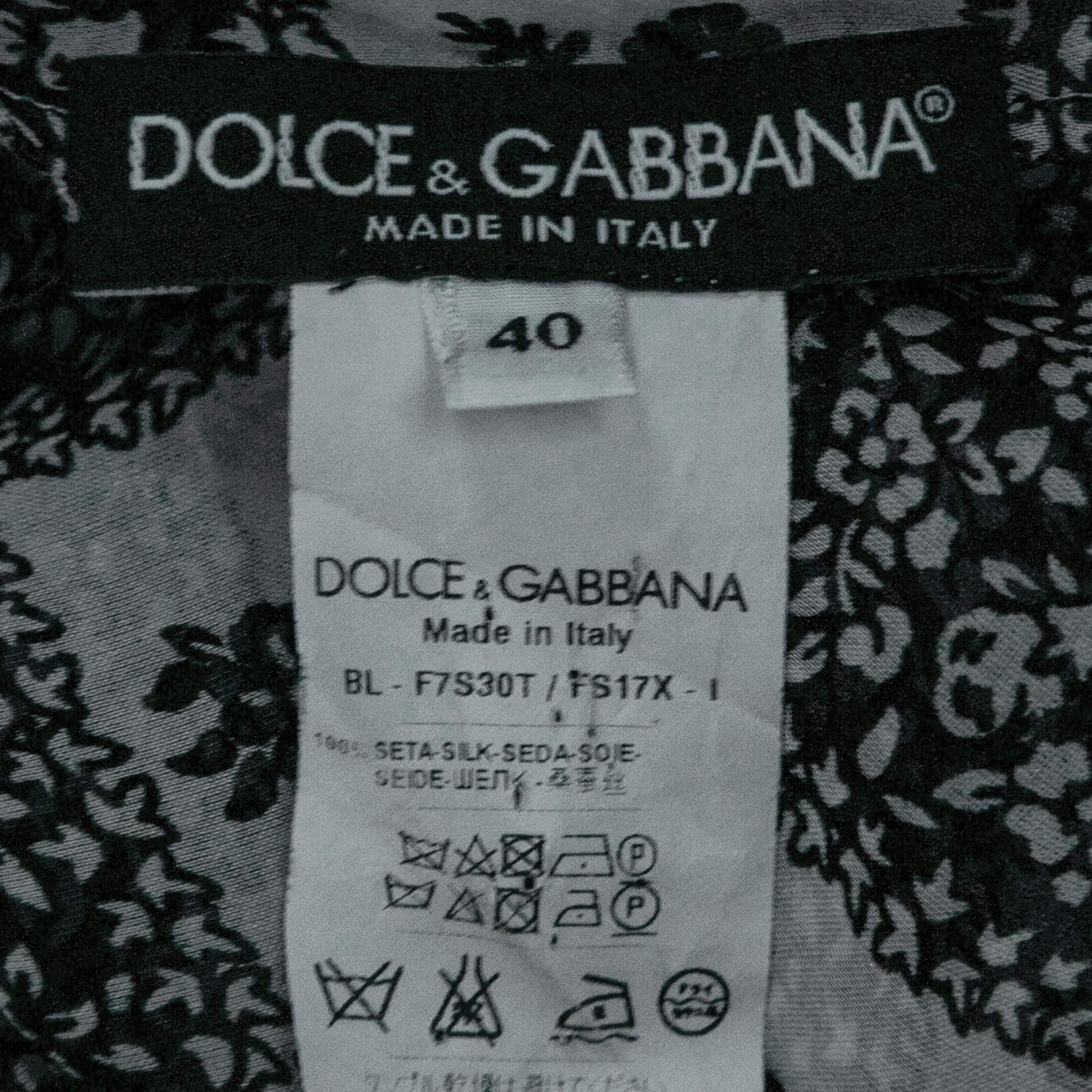 Men's Dolce & Gabbana Monochrome Floral Grid Print Silk Tie Detail Blouse S For Sale
