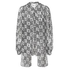 Dolce & Gabbana Monochrome Floral Grid Print Silk Tie Detail Blouse S